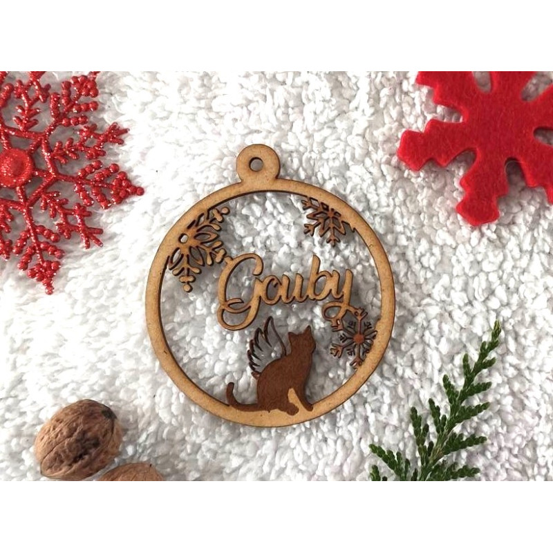 Boule de noël en bois prénom sapin personnalisable personnalisée animal chat chien animaux aile