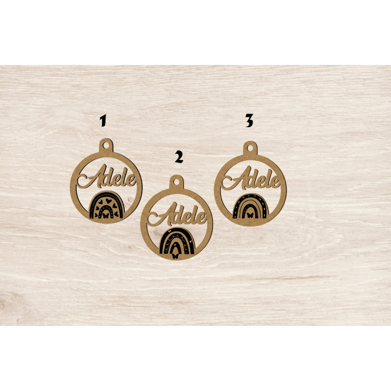 Boule de noël noel en bois prénom sapin personnalisable Personnalisé enfant arc en ciel papillon coeur