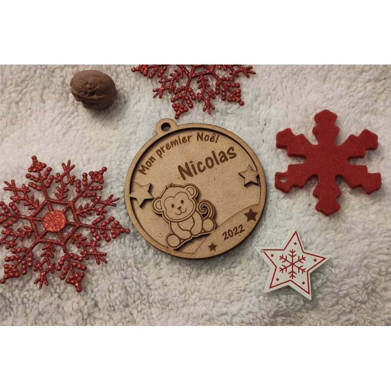 Boule de noël en bois singe mon premier noël Décoration de Noël