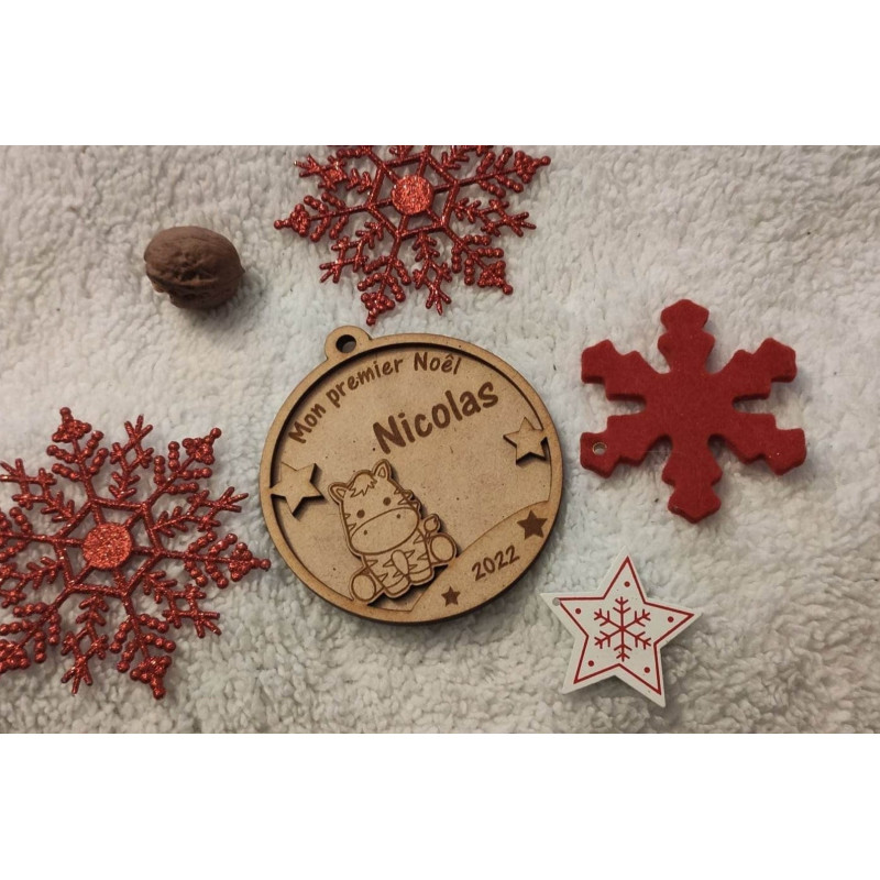Boule de noël en bois zèbre mon premier noêl Décoration de Noël