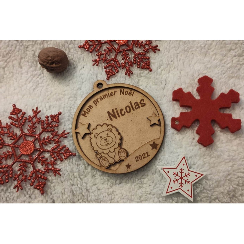 Boule de noël en bois lion mon premier noêl Décoration de Noël